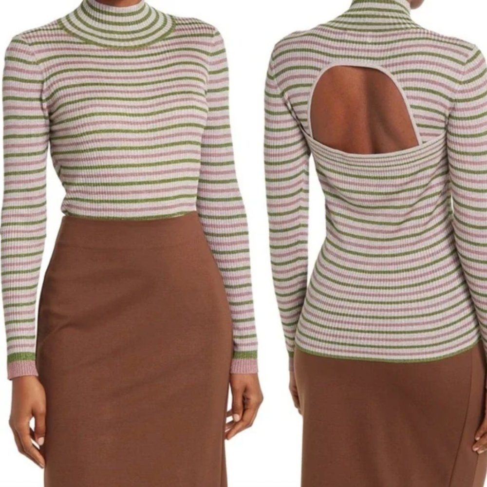 TANYA TAYLOR Carsten metallic striped ribbed knit open back turtleneck sweater